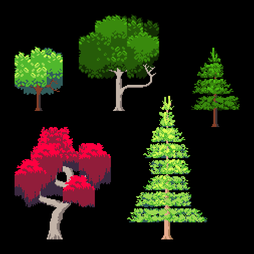 LUNARSIGNALS's tweet photo. Wow, this took me two days, but I finished it! Here's a comparison for all the different trunks and tree tops. The conifers took me a minute, but I think it worked out in the end.

Adding this to #notzelda 2 on itch eventually

#pixelart #green #pixeltree #happytree https://t.co/wz6C8eSamY
