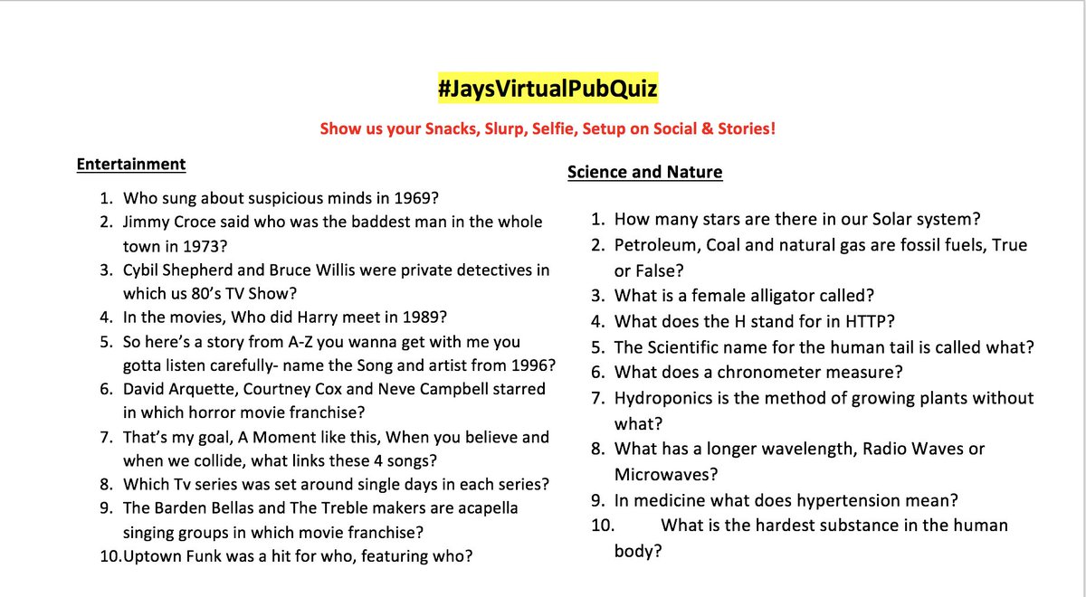 Rounds 1-2 Questions (Pinch/zoom in). Picture round coming next! How are you getting on? Use #JaysVirtualPubQuiz