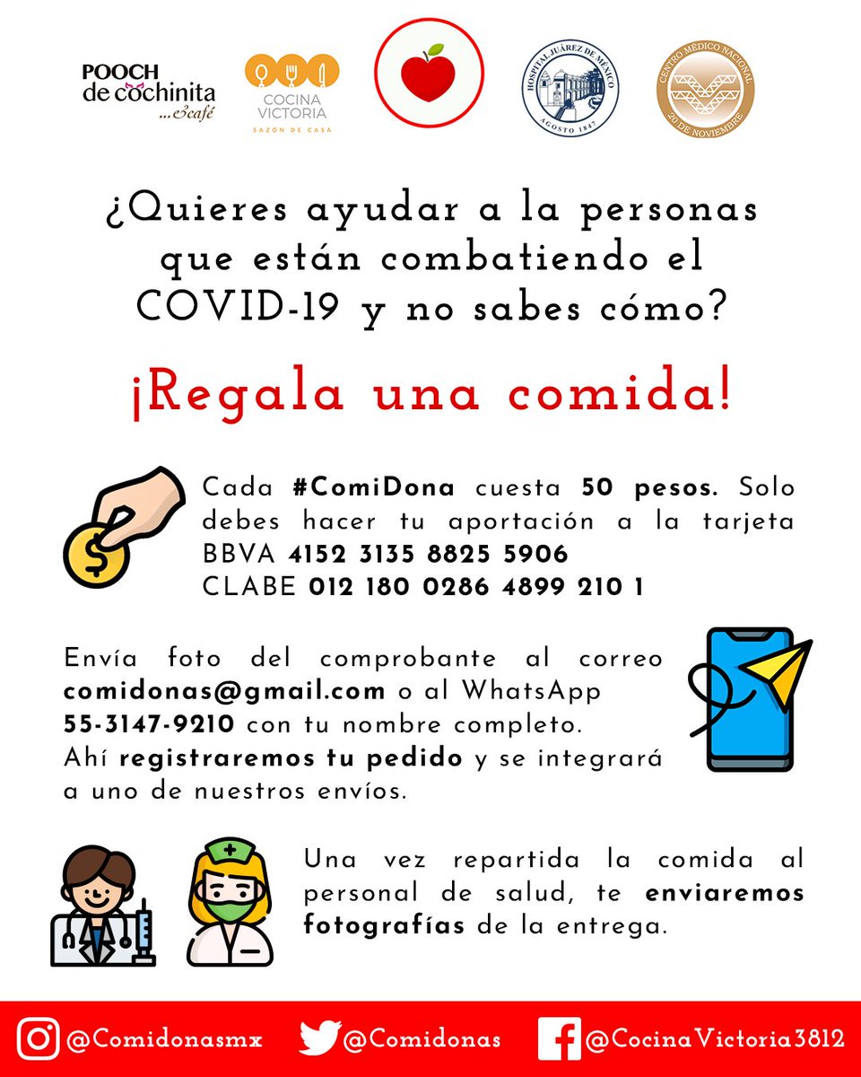 comidonas's tweet image. ¿Quieres ayudar a los #HeroesDeLaSalud y no sabes cómo?

Con #ComiDonas es muy fácil 

$50 = 1 Comida completa para el personal de salud 

#JuntosSaldremosAdelante 
#JuntosContraElCovid 

@chinampa
@juliopilotzi
@ehiramhurtado
@paty_munoz