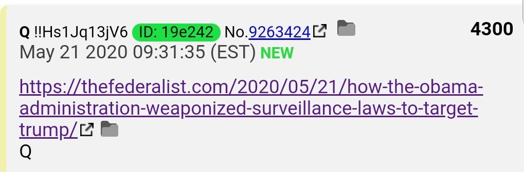 30.  #QAnon [Hussein] weaponized surveillance to target President Trump & undermine Our incoming administration, directly targeting Flynn, & days before President Trump's inauguration directing its secrecy to be "mindfully" held against the American people.  https://thefederalist.com/2020/05/21/how-the-obama-administration-weaponized-surveillance-laws-to-target-trump/