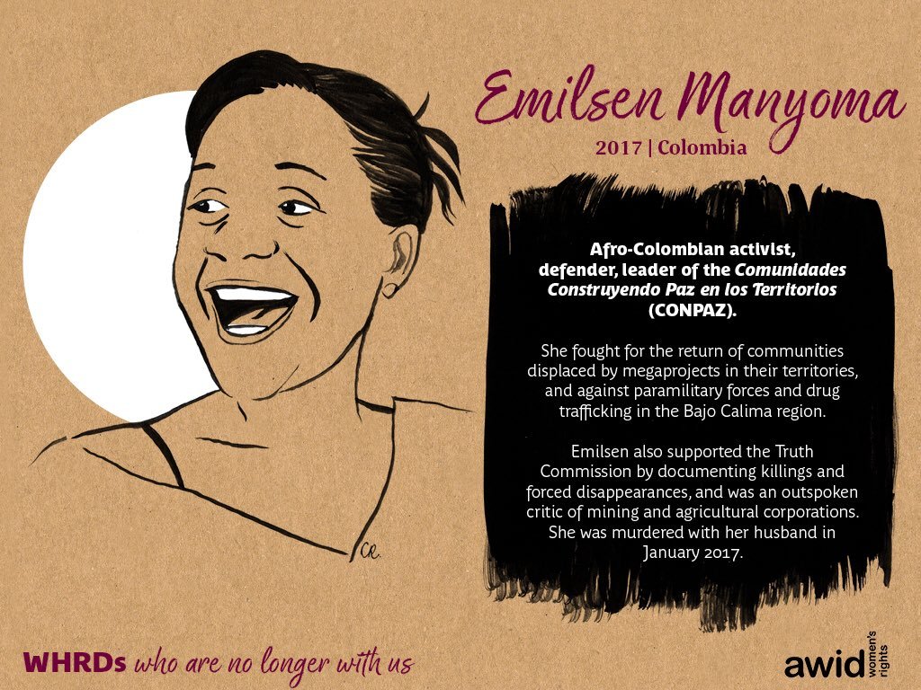 Thinking of Emilsen Manyoma today, a Black Colombian woman & human rights activist. She & her husband were assassinated in 2017. May they both rest in peace & power.  https://www.bitchmedia.org/article/dont-touch-my-crown/failure-decapitation-and-power-black-womens-resistance