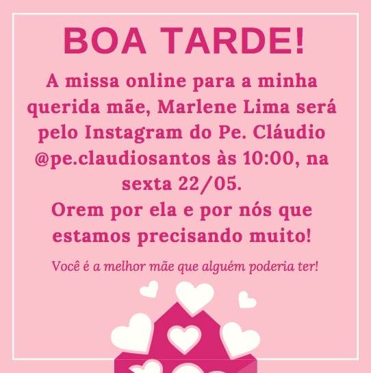 SDVCEstudios's tweet photo. Boa tarde! A missa online para a minha querida mãe será pelo Instagram do Pe. Cláudio - @ pe.claudiosantos às 10:00 na sexta 22/05. Orem por ela e por nós que estamos precisando muito!
___________Peterson https://t.co/psQYd0ZPJr