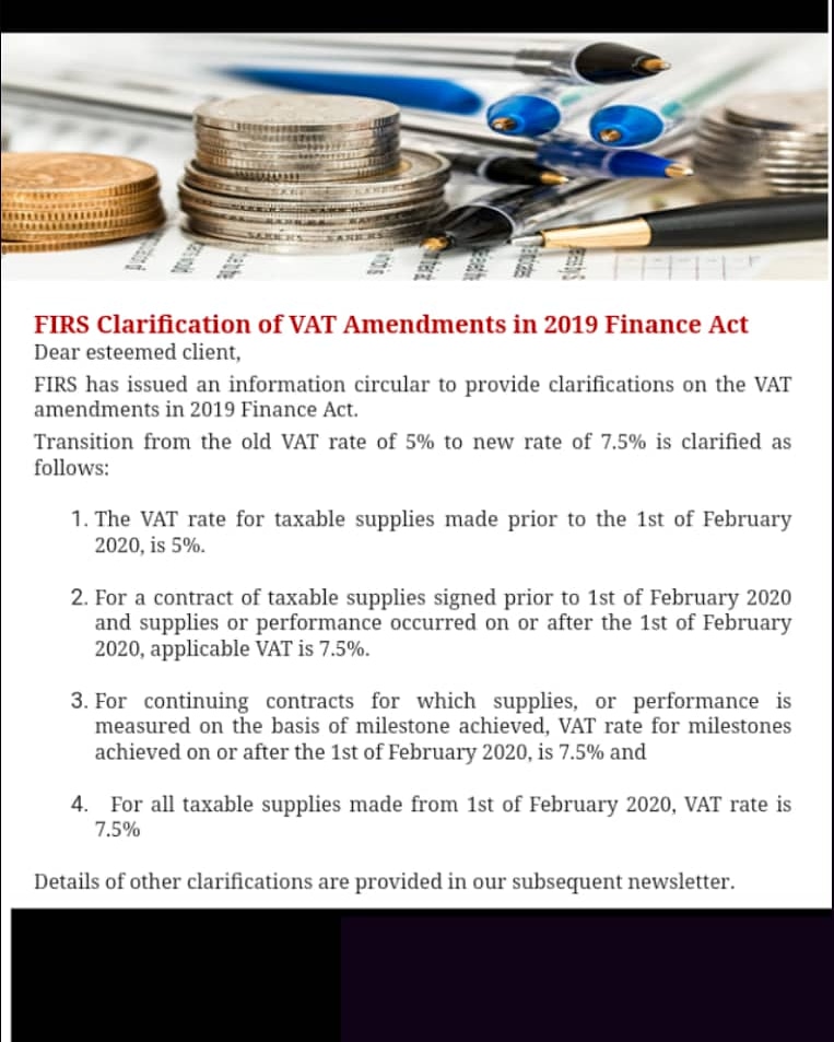 WYZE_NG's tweet photo. FIRS Clarification of VAT Amendments in 2019 Finance Act

 #tax #business #taxation #businessadvisory #taxplanning #taxlaws #incometax #Covid_19 #taxpreparation #firs #taxtips #covid19 #advisory #staysafe https://t.co/29sCEz0ROq