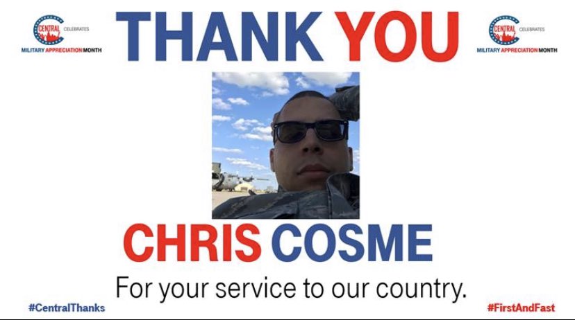Dana_Edwards24's tweet photo. @realchriscosme thank you for your continued service to our country! For all you have done and will continue to do to keep us safe ...we salute you!
#CentralThanks #MilitaryAppreciationMonth https://t.co/WFP3OJC8V9