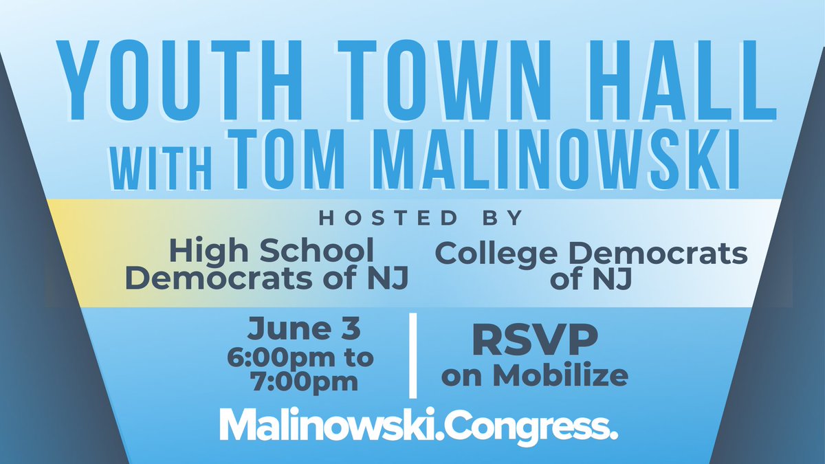 College Democrats of NJ (@njcollegedems) on Twitter photo CDNJ is excited to announce that we are teaming up with New Jersey High School Democrats and will be doing a virtual town hall with <a href="/Malinowski/">Tom Malinowski</a> for Congress! The event will be June 3 from 6 to 7 pm and you can rsvp here: mobilize.us/malinowskiforc⌠CDNJ is excited to announce that we are teaming up with New Jersey High School Democrats and will be doing a virtual town hall with <a href="/Malinowski/">Tom Malinowski</a> for Congress! The event will be June 3 from 6 to 7 pm and you can rsvp here: mobilize.us/malinowskiforcâŚ