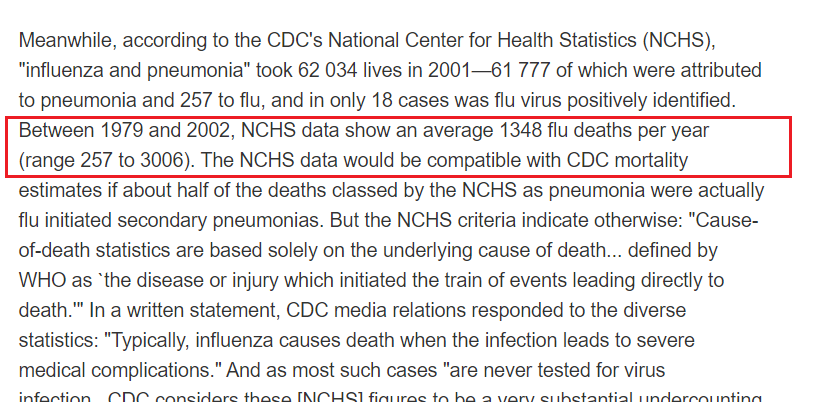 75) It is widely reported that the flu kills around 50,000-60,000 people per year, but data during the 23-year period between 1979 and 2002 showed an average of 1348 flu deaths per year with a low of 257 and a high of 3006. https://aspe.hhs.gov/cdc-%E2%80%94-influenza-deaths-request-correction-rfc