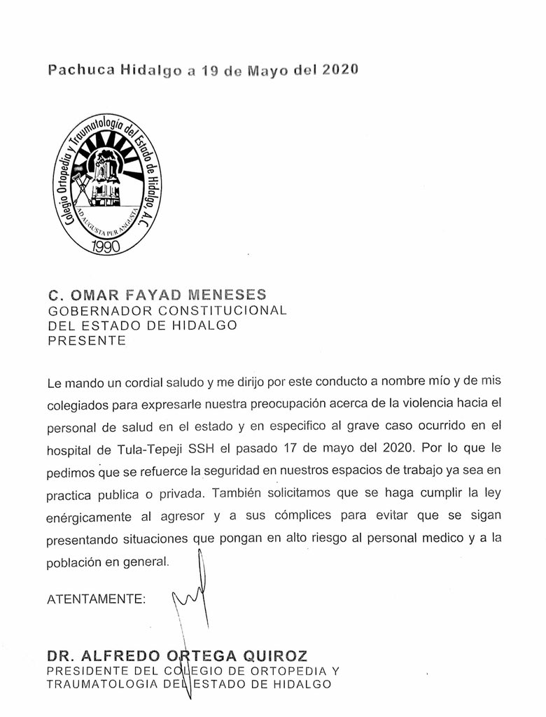 AlfredoOQ's tweet photo. Sr Gobernador @omarfayad los médicos estamos idignados por los hechos violentos del 17//05/2020 en el hosp. de Tula-Tepeji,Hgo.Y preocupados por nuestra seguridad. Queremos justicia y le pido nos informe al gremio médico y a la población de hgo. de los avances en la investigación https://t.co/jYzUSvQr9A