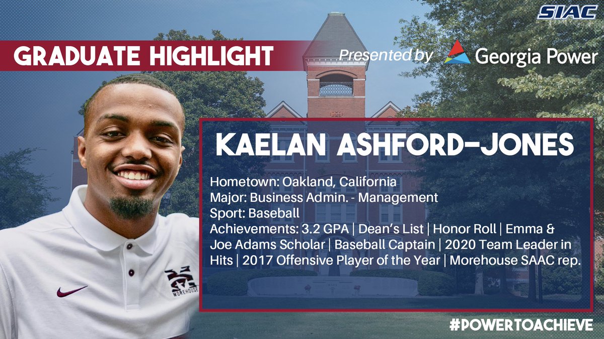 TheSIAC's tweet photo. The SIAC and @GeorgiaPower have partnered for the #PowerToAchieve campaign to highlight graduating SIAC student-athletes and their achievements. Congratulations to Kaelan Ashford-Jones of @Morehouse for his outstanding academic and athletic achievements. #GAPower #ClassOf2020 https://t.co/DnWaYMCoAE