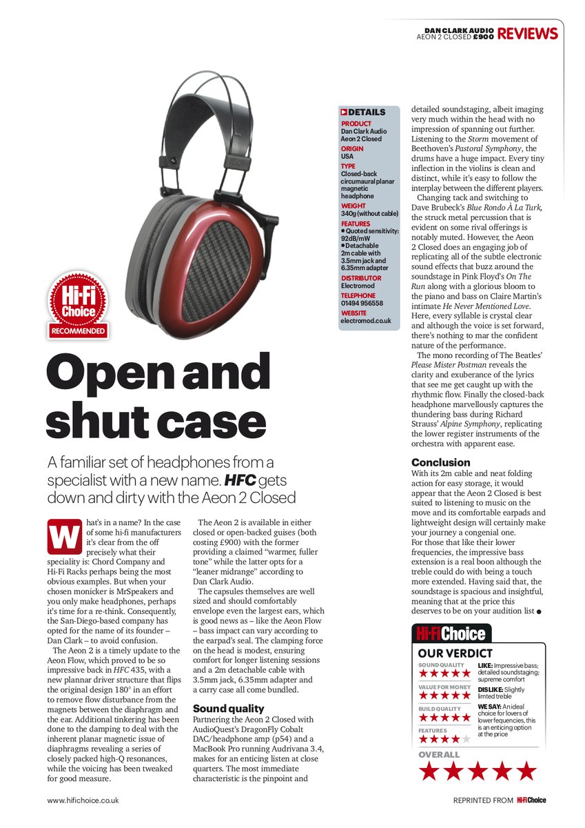 danclarkaudio's tweet photo. The May 2020 Issue of Hi-Fi Choice Magazine gives the AEON 2 Closed 5 Stars! โญโญโญโญโญ
#hifichoice #musiclovers #audiophiles #headphones #5stars https://t.co/cLtCjViOJ3