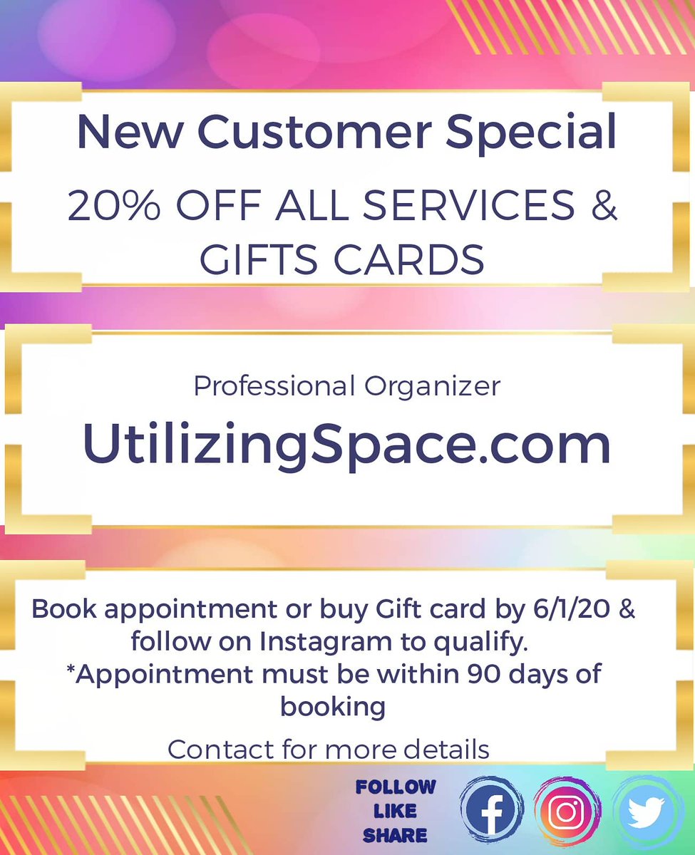 UtilizingSpace's tweet photo. Services Special:
In person/Virtual Organizing
Consultations
Organizing plans
Coordinate Garage sales & Relocations
Monthly/Quarterly/Annual checkups
Gift cards (no expiration dates)
#UtilizingSpace #Professional #Organizer #Service #Special #Follow #Support #Smallbusiness https://t.co/LijCQPnqKw