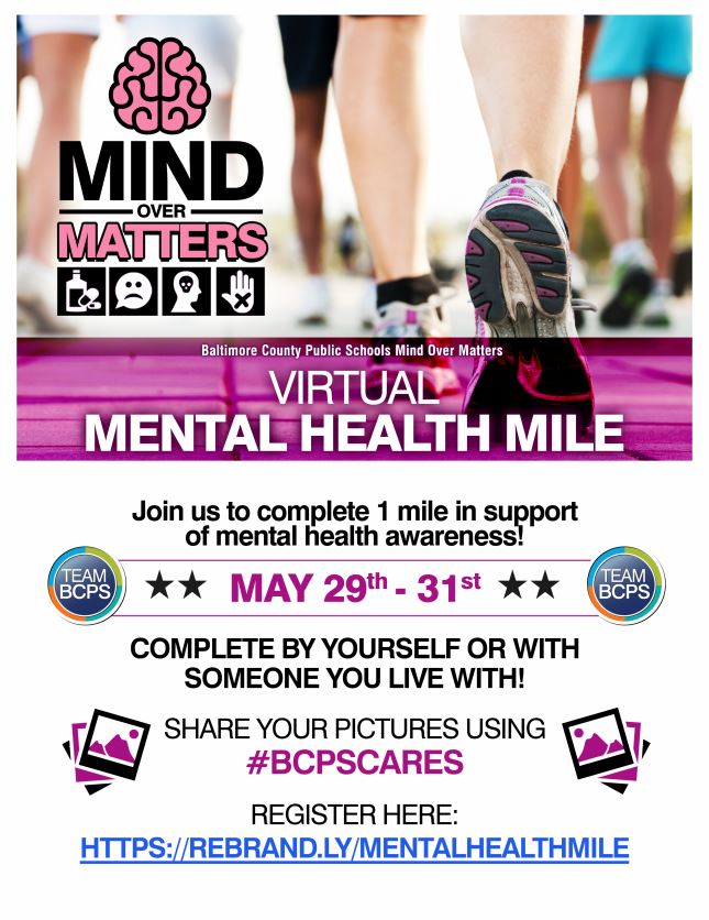 BcpsMTSS's tweet photo. We have an exciting event next week! As a part of the Mind Over Matters Campaign, and our monthly theme of “Mental Health Awareness,” we have planned a Mental Health Mile Virtual Run! Join us! It's free! Register here: https://t.co/0g6PnGpRHI
@BCPS_DSCS 
@teambcps https://t.co/EWRQIEK1Uy