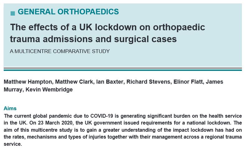 JUST PUBLISHED!: The effects of a UK lockdown on orthopaedic trauma admissions and surgical cases: a multicentre comparative study <a href="/Hampton_ortho/">Matt Hampton</a> <a href="/MJR_Clark/">Matthew Clark</a> <a href="/I_a_n_Baxter/">Ian Baxter</a> <a href="/KevinWembridge/">Kevin Wembridge💙</a>   ow.ly/NHD750zMCuu #UKlockdown #COVID19 #orthopaedics #traumatology