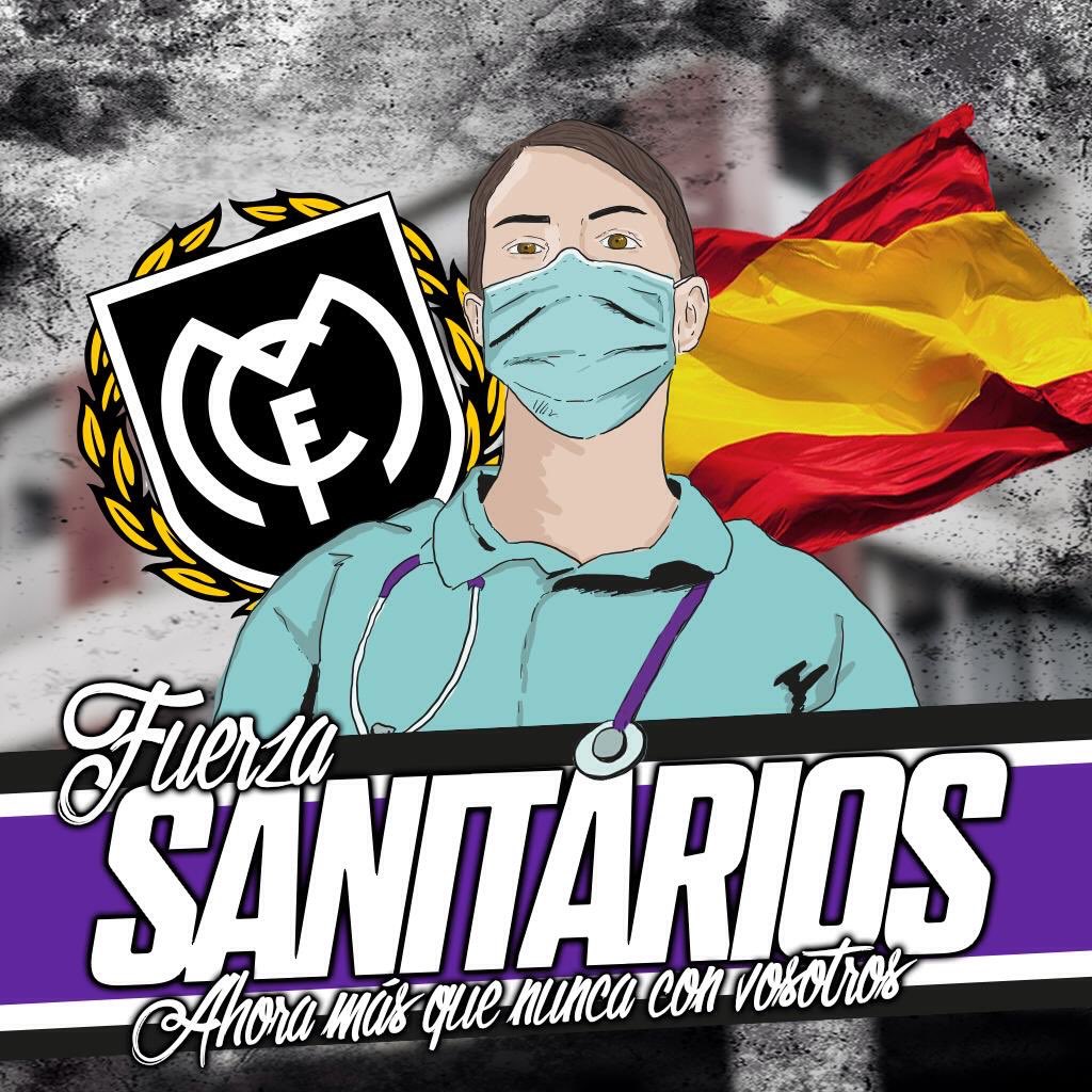 FondoSur_1980's tweet photo. Ahora que parece que todo el mundo se olvida de ellos, nosotros les mandamos fuerzas para seguir luchando. 
¡Fuerza Madrid, Fuerza España!
#UltrasSur #FuckCovid19 https://t.co/4oagwjAb8w
