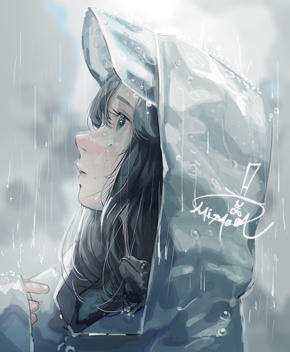 1girl rain solo black hair umbrella long hair blurry background  illustration images