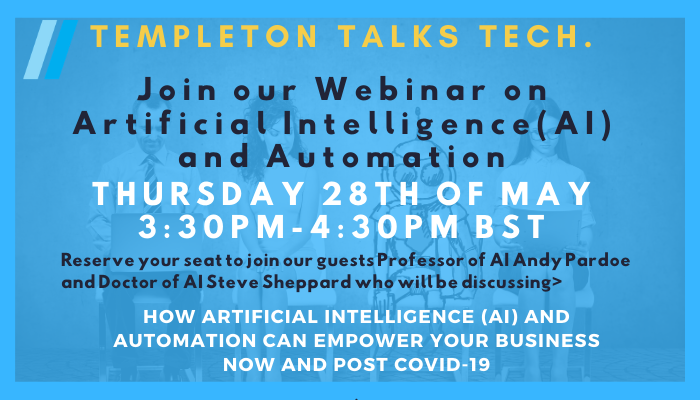 Combined_Intell's tweet photo. Thursday 28th May - 3:30 to 4:30 BST
Join our directors, Professor Andy Pardoe and Dr Steve Sheppard on Thursday 28th May as we discuss how AI and Automation can empower your business now and post Covid-19. Part of our new #transformthursday series. https://t.co/5rmXT5w1R0 https://t.co/54PWkyFpUS