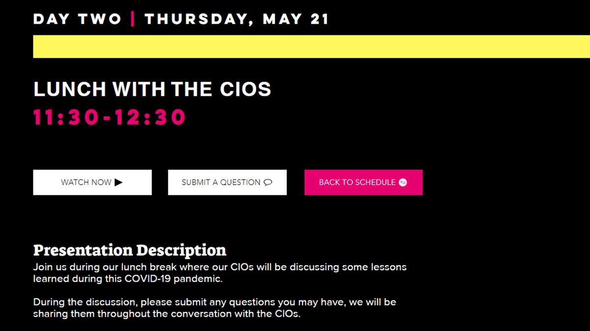 CHECKconf's tweet photo. Join us for 'Lunch with the CIO's' during your lunch break!

Listen into how different universities adapted during the COVID-19 crisis.

https://t.co/E88Vog8191 https://t.co/sKiUspSKUb