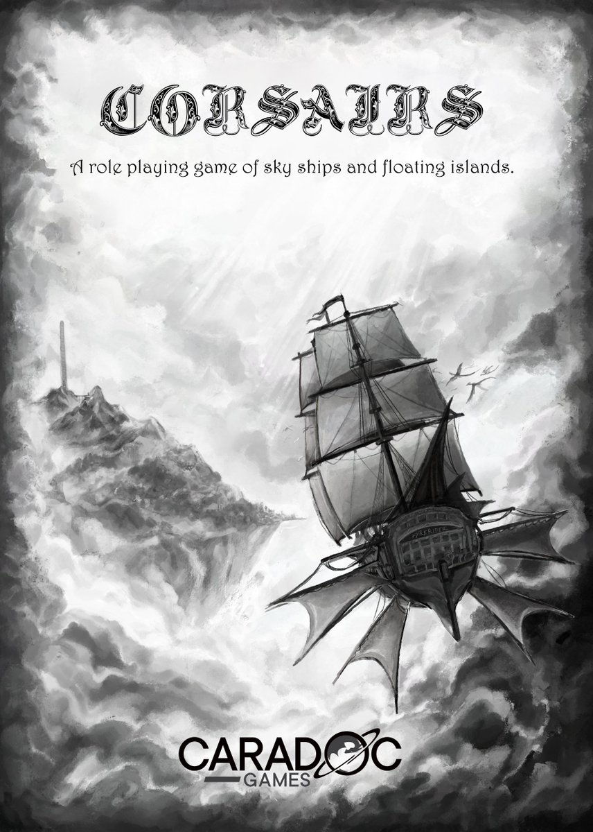 !! excited to present the final cover for Corsairs; a TTRPG zine by Caradoc Games (@caradocp )  that i've been working hard at for quite a while now ! 
☁️⛵️

(said zine also features some spot illustrations that i'll be sharing soon!)
#ttrpg #illustration 