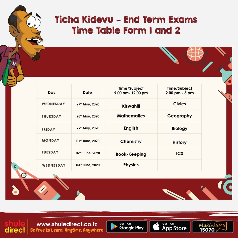 ShuleDirect's tweet photo. Ratiba ya mtihani wa @TichaKidevu kwa mwisho wa muhula huu imetoka, mitihani itafanyika online https://t.co/UDUw2igaib au kwenye app. Mwambie #ShuleDirector form 1-4 ajiandae #ShuleDirect inapatikana BURE tena #ShuleDirectBilaBando inapatikana @VodacomTanzania #JifunzeKidijitali https://t.co/85QLV1KeBY