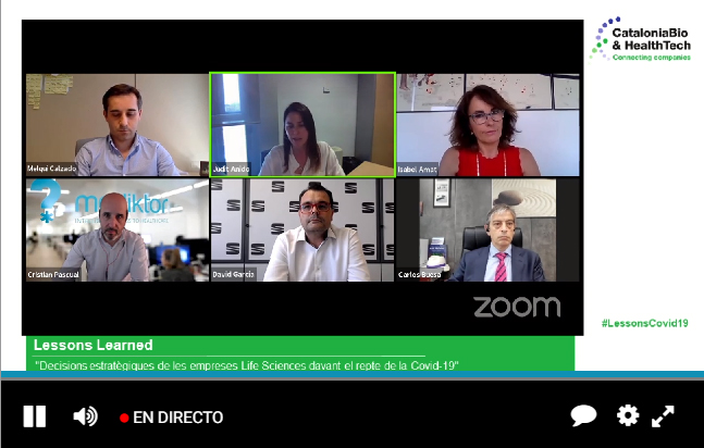 CataloniaHealth's tweet photo. Judit Anido, directora general de Mosaic Biomedicals i presidenta de @CataloniaBioHT, dona la benvinguda als ponents i als més de 100 assistents connectats #LessonsCovid19 https://t.co/kTPQNVVGCZ