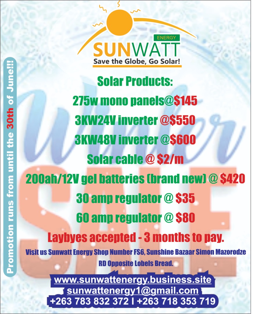 For all your solar products 

contact +263 783 832 372

#MarketYourselfZW #Z6WDrive #solar #ClimateAction #RenewableEnergy