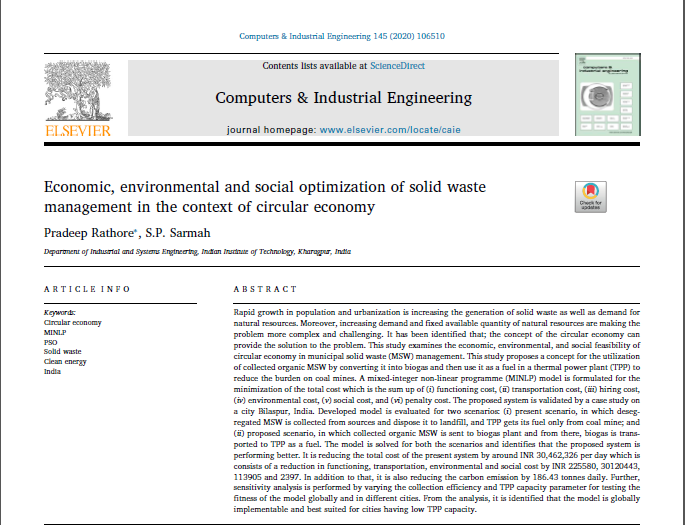 DeptISEIITKGP's tweet photo. Congratulations to Mr. Pradeep Rathore and Prof S P Sarmah for their recently published #article “#Economic, #environmental and #SocialOptimization of #solidwastemanagement in the context of #circulareconomy" in Computers & Industrial Engineering Journal.
https://t.co/TYelQ2poKM https://t.co/rOoEmYlJmA
