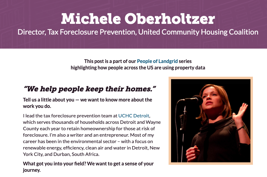regridapp's tweet photo. New People of Landgrid Story is live &amp; we are celebrating the incredible Michele Oberholtzer from @UCHC_Detroit @michmobi 

A former Lovelander and now an activist for tax foreclosure prevention!

Read the full story here - https://t.co/CfxnnMTX6e

#landgrid #customerstories https://t.co/p6qkMf1v7g