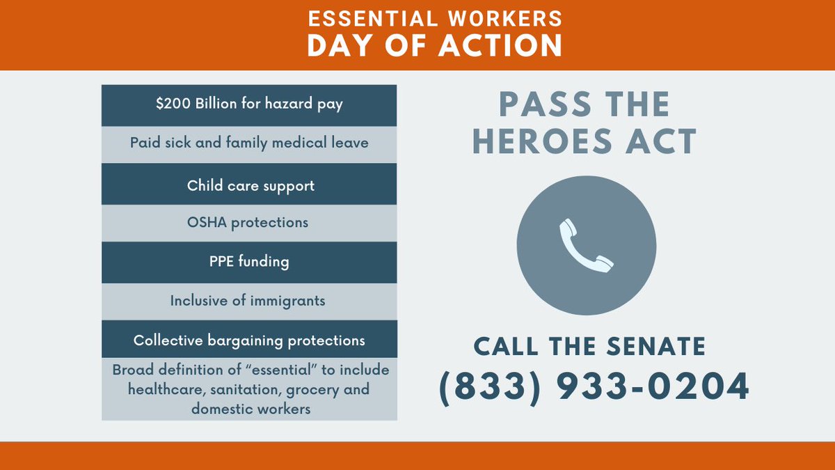 womensmarch's tweet image. Essential workers risk their lives every day. They deserve PPE, safety standards, and protections no matter their immigration status. Call your senator TODAY to demand Congress pass the HEROES Act w/ an Essential Worker Bill of Rights at 1-833-933-0204. #ProtectEssentialWorkers