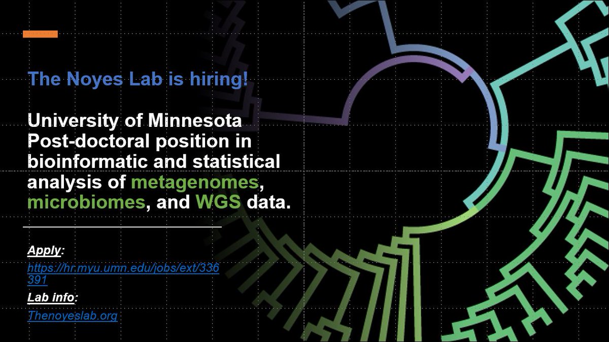 We are #hiring an eager and enthusiastic #postdoc in #Bioinformatics and #statistics to help us wrangle #microbiome #metagenomic #WGS and #antibioticresistance #data. #AcademicChatter 
#AcademicTwitter #IDTwitter 

Our lab: thenoyeslab.org
Apply: hr.myu.umn.edu/jobs/ext/336391