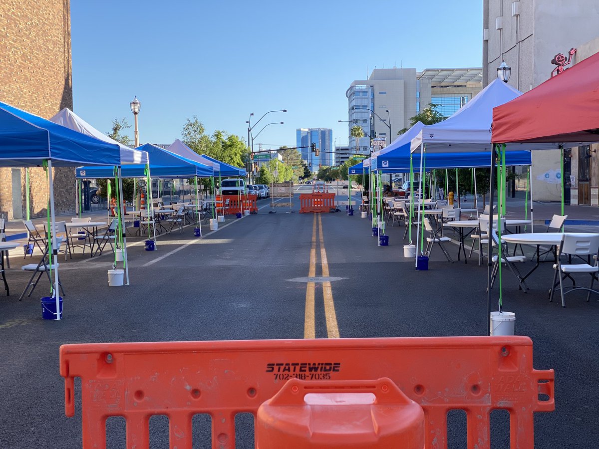 It’s time to “Dine Out Downtown” 🍽From 11am - 9pm daily, tables, chairs &amp; pop-up shade covers will be setup in <a href="/ArtsDistrictLV/">18b - Arts District</a> &amp; on Fremont to allow more people to enjoy the restaurants &amp; eateries in #DTLV while practicing social distancing. Learn more: lasvegasnevada.gov/ReopeningResou…