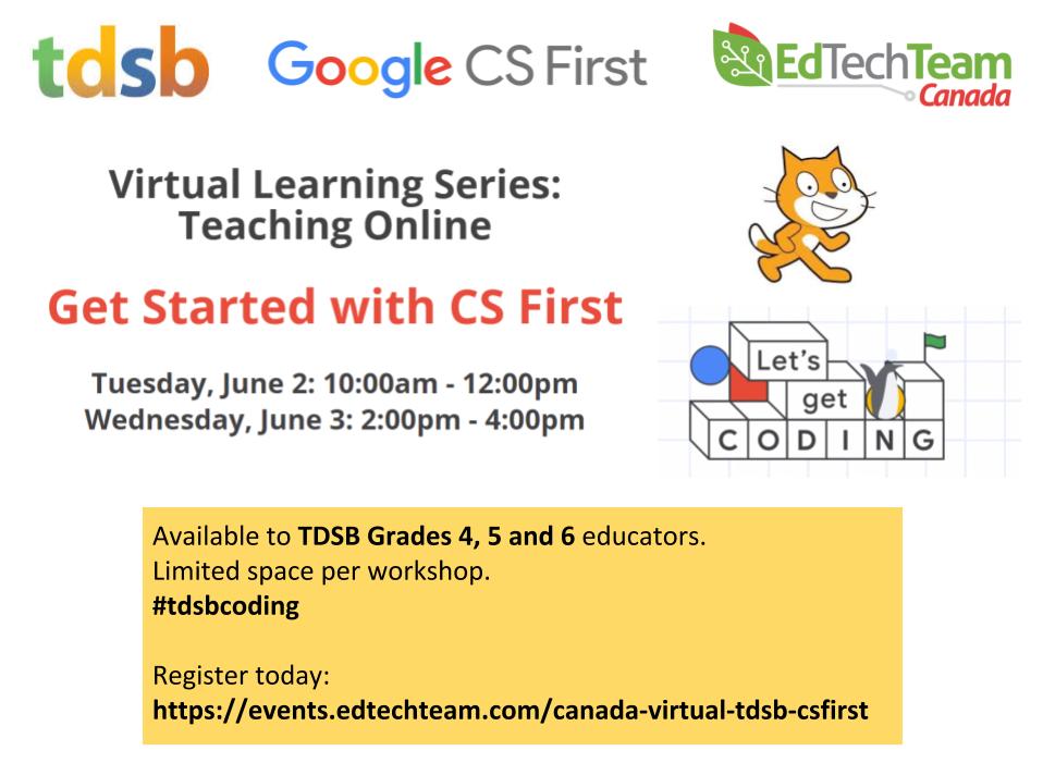 chezchan's tweet photo. Cβmon @tdsb. Let's code! Grades 4, 5, 6 TDSB educators wanting to get started w/Google's CS First, a ready-to-teach introductory computer science curriculum - also available in French! #tdsbcoding Spaces limited. Register: https://t.co/tEqFfW1yfe. @armstrongedtech @sandycurrie https://t.co/pdDjZ18DhB