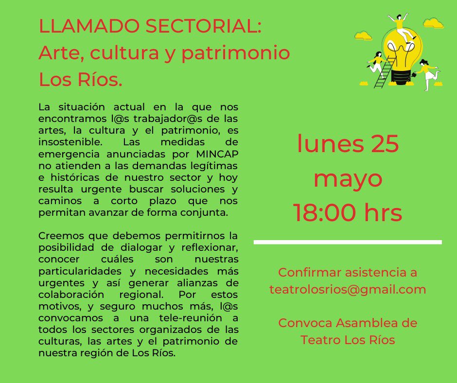 teatrolosrios's tweet photo. Invitamos a todas las organizaciones sectoriales de #LosRios , a reunirnos y dialogar sobre situación de crisis actual. .
.
¡Creemos y queremos avanzar junt@s!

✍🏼 envíanos correo confirmando tu asistencia a teatrolosrios@gmail.com 👋

#cultura #culturaenagonía #Valdiviacl https://t.co/HW74htLUHq