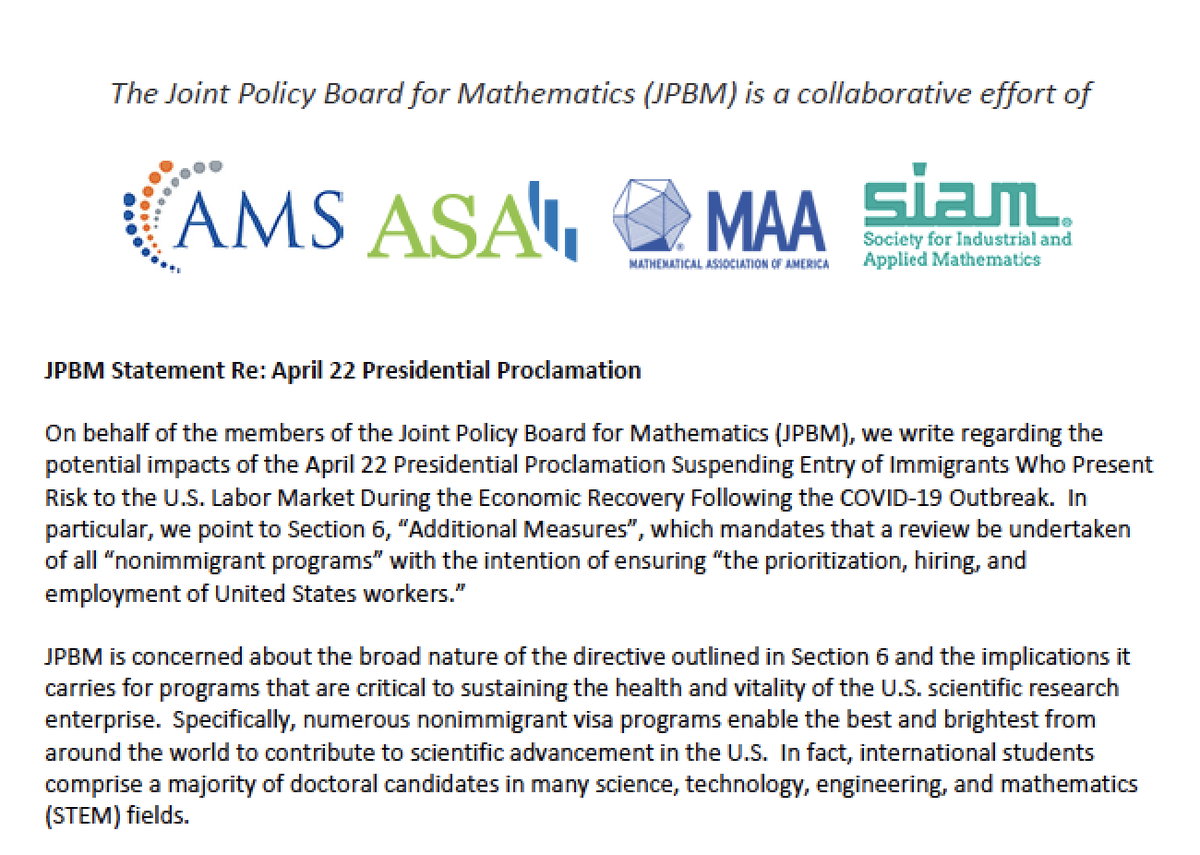 The Joint Policy Board for Mathematics has issued a statement regarding the April 22 Presidential Proclamation Suspending Entry of Immigrants and our concern about its effect on U.S. scientific research (bit.ly/2XhgYgT) <a href="/maanow/">MAA</a> <a href="/amermathsoc/">American Mathematical Society</a> <a href="/TheSIAMNews/">SIAM</a> <a href="/AmstatNews/">ASA</a> <a href="/aaas/">AAAS</a>