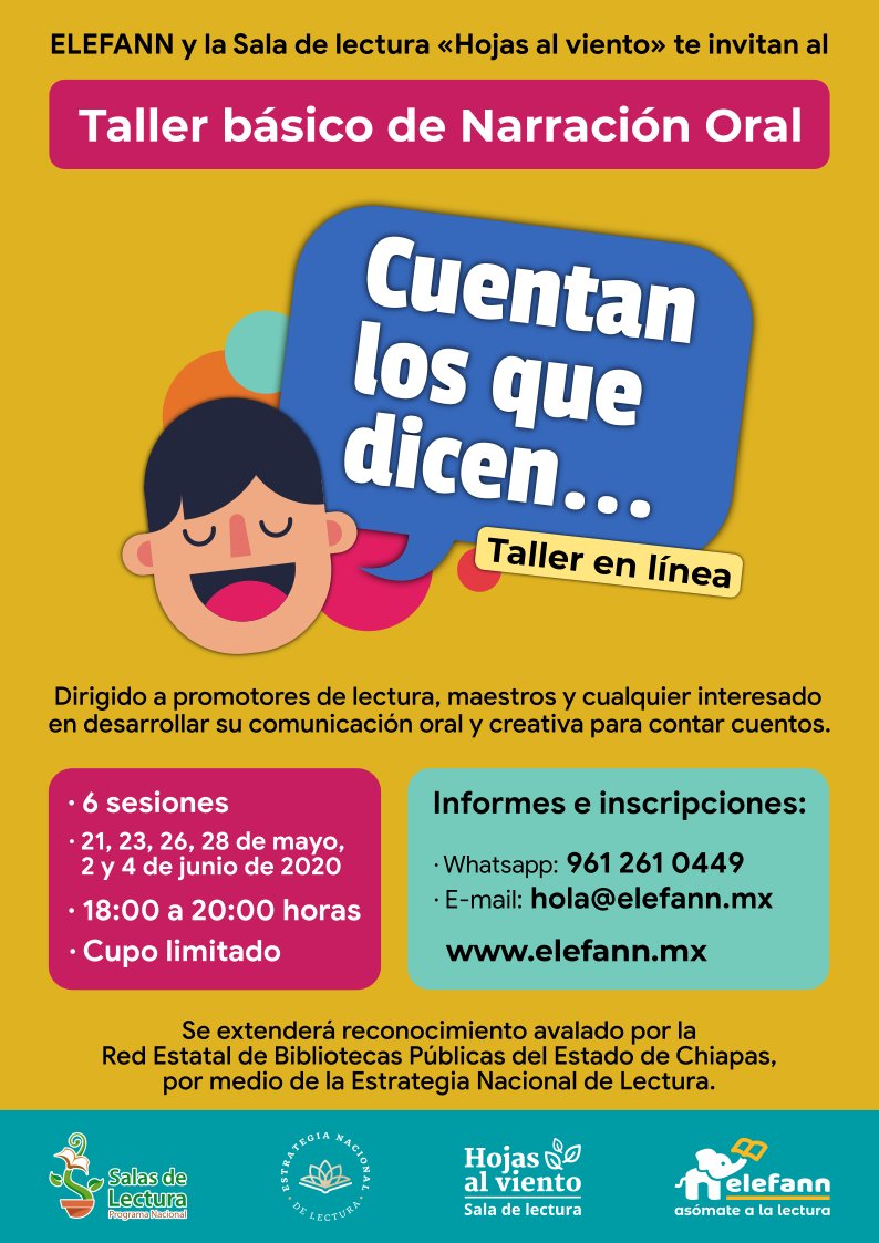 elefann_mx's tweet photo. @cronicabanqueta El arte de la palabra nos traslada, a niños, jóvenes y adultos, a otros lugares y a otros tiempos, descubriendo nuestra propia humanidad.

Los invitamos a que se asomen a las posibilidades que da el compartir cuentos. Hoy iniciamos el taller básico de narración oral, en línea 🙂 https://t.co/fA2V1udVkq