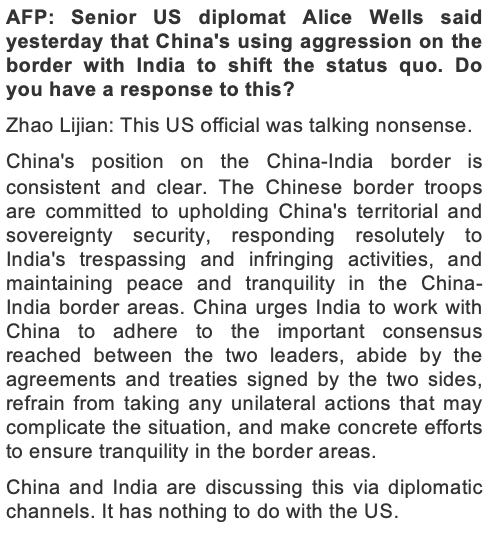 GoI will particularly be concerned abt the timing of the remarks given that, despite their attempt to be restrained, a couple of days ago, PRC upped the ante. Today, PRC reacted to the USG comments, saying the situation has nothing to do with the US. 11/