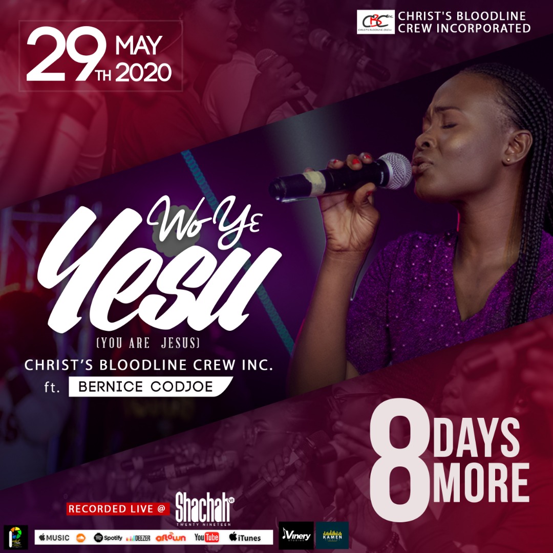 *Wo Yɛ Yesu*  by *CBC Inc* Featuring *Bernice Codjoe* 
*Release Date:*29th May 2020 (Next Week Friday)
*Time:* 1pm

Please subscribe to CBCInc YouTube channel so you do not miss the premiere.

youtube.com/channel/UCIvYv…

#CBCInc_Gh
#JESUSsaves
#WoYeYesu