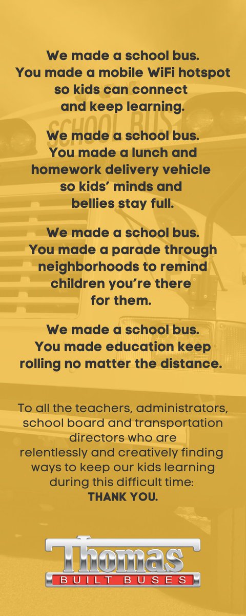 RideSTBus's tweet photo. From @ThomasBuiltBus ~ "We made a school bus. You made so much more..."
#SchoolBusHero #MealsOntheBus #MobileWiFi #DeliveringSmiles #SchoolBus #SchoolBusDriver #SchoolDistrict #SchoolTransportation #StudentTransportation #SchoolBusContractor #ForAllWhoKeeptheWorldMoving https://t.co/02n29BAY7g