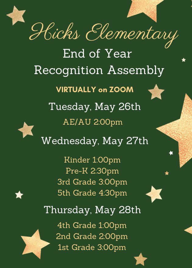HicksSchool's tweet photo. ⭐️ Please save the date! It’s time to celebrate our Jaguars for the 2019-2020 school year! We will hold End of Year Recognition Assemblies virtually next week. Contact your child’s teacher for details. ⭐️ #CCISDProud https://t.co/UNYKnzFeYO