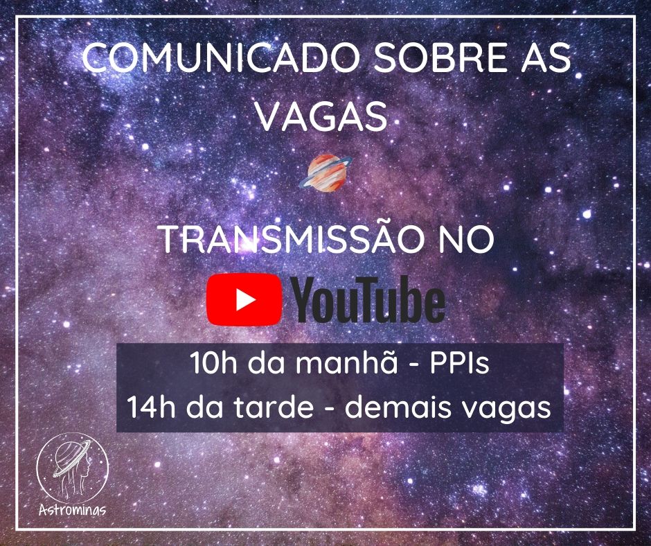 Astrominas_'s tweet photo. Atenção inscritas! Comunicado sobre como será feito e onde o sorteio:
Sorteio das vagas: 22/05/2020 (6ª.feira)
O sorteio será online e transmitido seguinte endereço: https://t.co/syUNsiWBwU
Mais informações nos comentários do post! https://t.co/qKrtO4Kln0