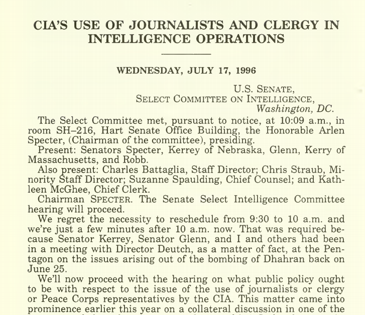 63) The linked report details how for decades the CIA has used reporters and members of the clergy to achieve operational objectives. https://www.intelligence.senate.gov/sites/default/files/hearings/ciasuseofjournal00unit.pdf