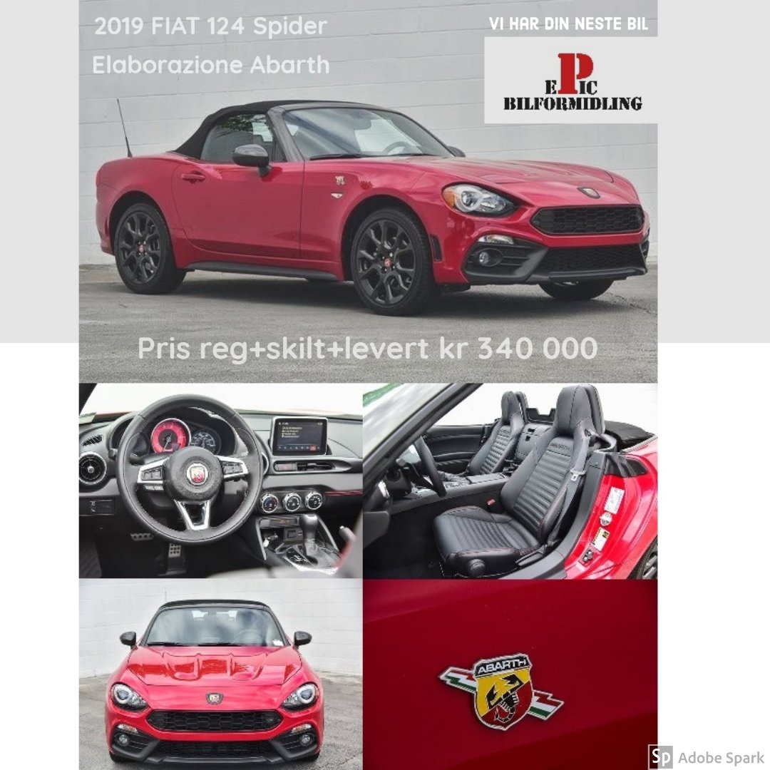 bilformidling's tweet image. ☀️Sommerbil? &amp;gt;&amp;gt;  Fiat 124 Spider Elaborazione Abarth Cabriolet 2019 💝
Kr 340 000 registert og levert.
🗺️ 🇳🇴 Hentes/Levert i Bærum eller Stryn
💲 Finansering tilgjengelig | Super rente | opptil 100% finansiering 
🧿 Garanti tilbys |
buff.ly/3e9TgdA
#Fiat #Abarth