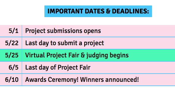 5/22 last day to submit a project; 5/25 virtual project fair & judging begins; 6/5 last day of project fair; 6/10 awards ceremony - winners announced!