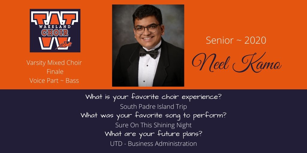 Today, our choir senor highlight is Neel Kamo.  He is musically insightful and Neel brings many years of choral experience to the WHS Choirs.  Thank you, Neel, for your spirit of determination! Congratulations! <a href="/WakelandChoir/">Wakeland HS Choir</a> <a href="/WakelandHS/">Wakeland High School</a>