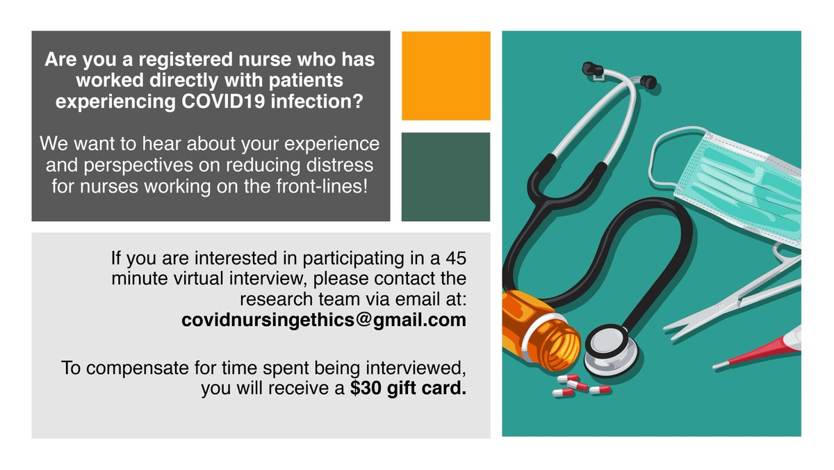 UofTNursing's tweet photo. Are you an RN that has provided care to patients with #Covid_19? Bloomberg Nursing researchers want to hear about your experiences and perspectives on reducing stress for nurses working on the frontlines. Participants receive a $30 gift card. Email covid19nursingethics@gmail.com https://t.co/xmyEj56gsp