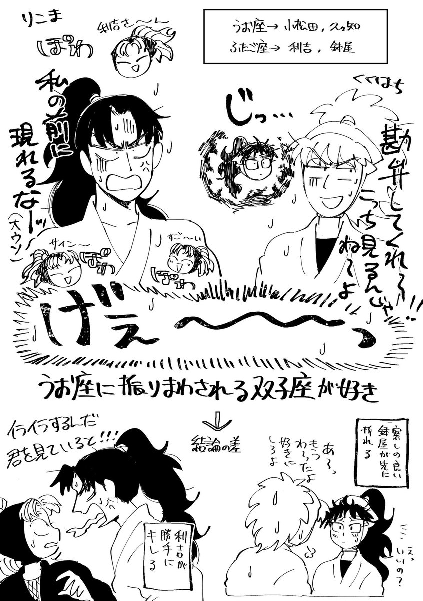 これは以前描いた魚座双子座カプの利こまと久々鉢なんですけど、伊助のご両親も振り回しカプならハマってしまうかもしれないナ♫ 