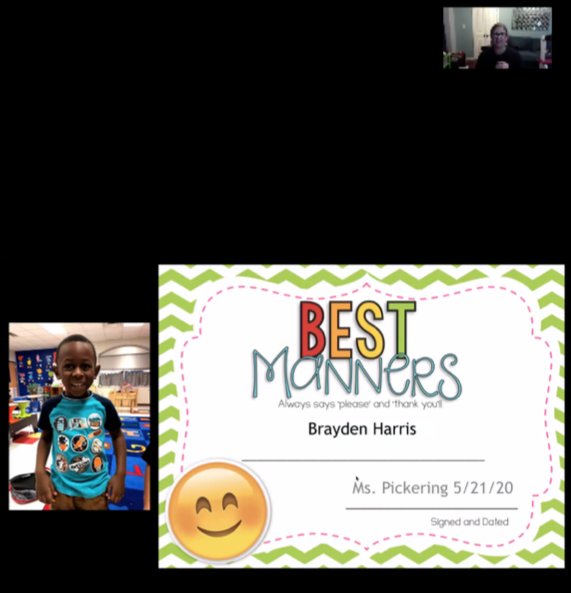 BCZIMLIZ's tweet photo. Brayden's last day of Pre-K and they had awards via zoom. Later there will be a car parade. Look at him BEST Manners award! #proudnonna #myheart #greatjob #manners #award #bestawards #bestmanners https://t.co/SA6swPoroY