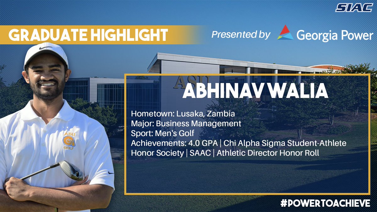 TheSIAC's tweet photo. The SIAC and @GeorgiaPower have partnered for the #PowerToAchieve campaign to highlight graduating student-athletes and their achievements. Congratulations to Abhinav Walia of @ASUGoldenRams for his outstanding academic and athletic achievements. #SIAC #GAPower #Classof2020 https://t.co/1SYzv0ohYW