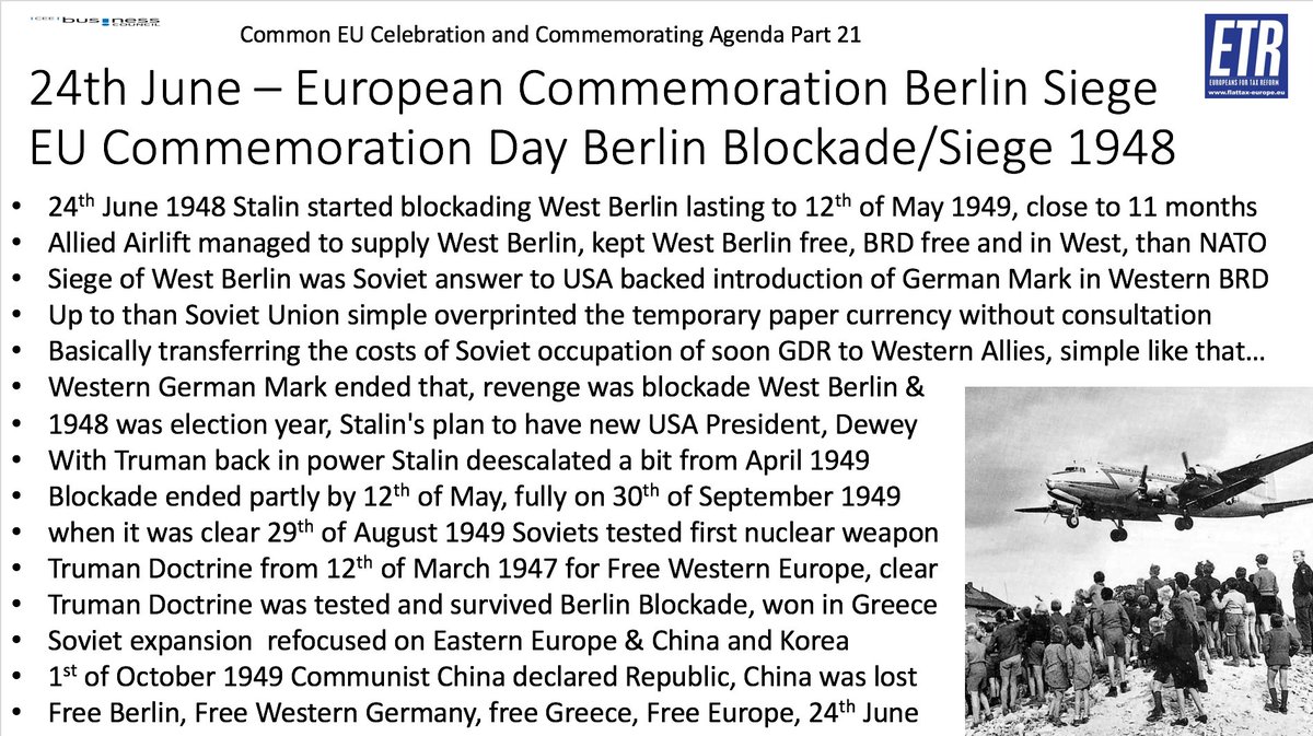GunterFehlinger's tweet photo. #ETR calls for #EuropeanNarrative please @EU_Commission @Europarl_EN @EUCouncil declare 24th of June EU wide official Commemoration Day for start Berlin Blockade by Soviet Union. #FreeEurope #FreeBerlin @usbotschaft @ECFRBerlin @BerlinProcess @gmfus @GermanyDiplo @GermanyintheEU https://t.co/lH7eqe7vzJ