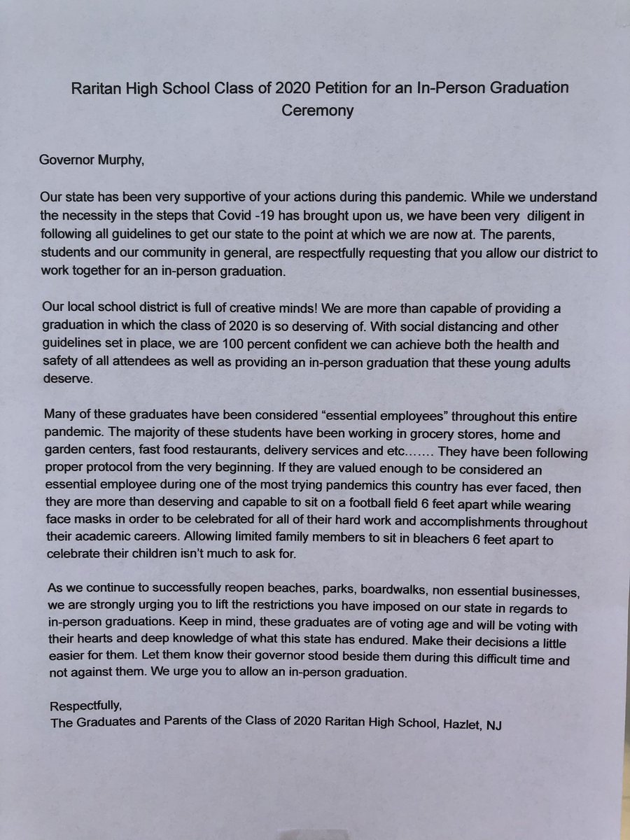 CoponiSteve7's tweet photo. ROCKET SENIORS: petition to our governor to allow socially distant, in-person graduation. 4 signing locations: 
9 Gregory Street, Hazlet 
4 Indian Hill Court, Hazlet 
20 West Richard Street, Hazlet
Lighthouse cigars, Airport Plaza
Dates (5/21 thru 5/27) https://t.co/BtkOu94bLv