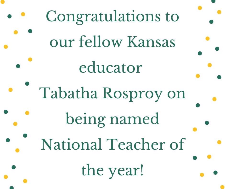 RenwickUSD267's tweet photo. We offer congratulations to fellow KS educator @TabathaRosproy on being named the 2020 National Teacher of the Year. The Winfield Early Learning Center teacher is the first pre-K teacher to ever hold the title. This is the first time in nearly 60 years a KS educator won the title https://t.co/CKT9MAOPjV