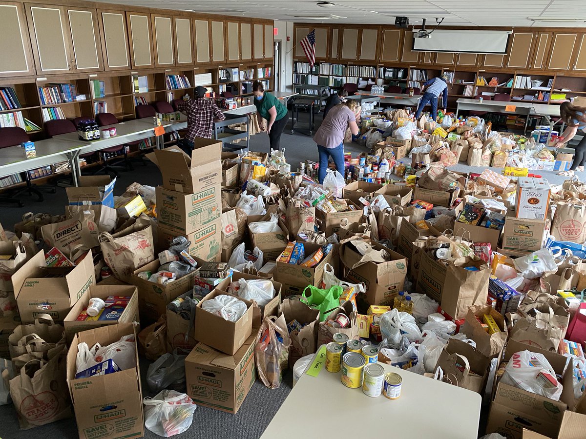 StateCollegeSD's tweet image. We successfully unloaded three buses packed full of food for the Stuff the Bus food drive. It filled two large conference rooms. Thank you to the volunteers and community members that donated. Now we sort!